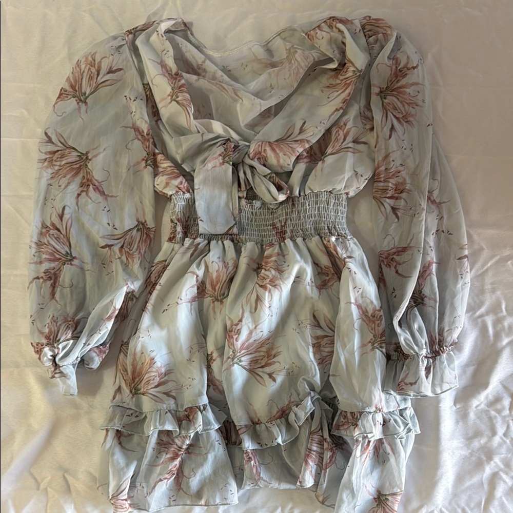 Cream and Green Mini Dress with Puff Sleeves and Tie Front